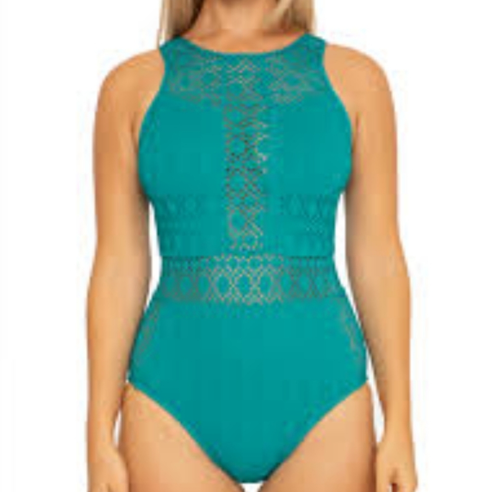NEW Becca by Rebecca Virtue Teal Crochet One Piece Size S